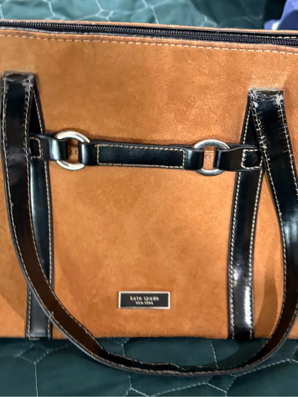 kate spade tan suede tote with black leather trim